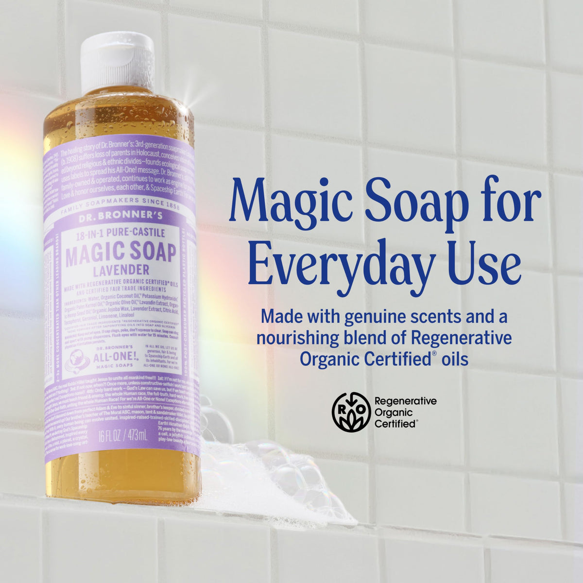 Back view of Dr. Bronner's Lavender Pure-Castile Liquid Soap packaging
