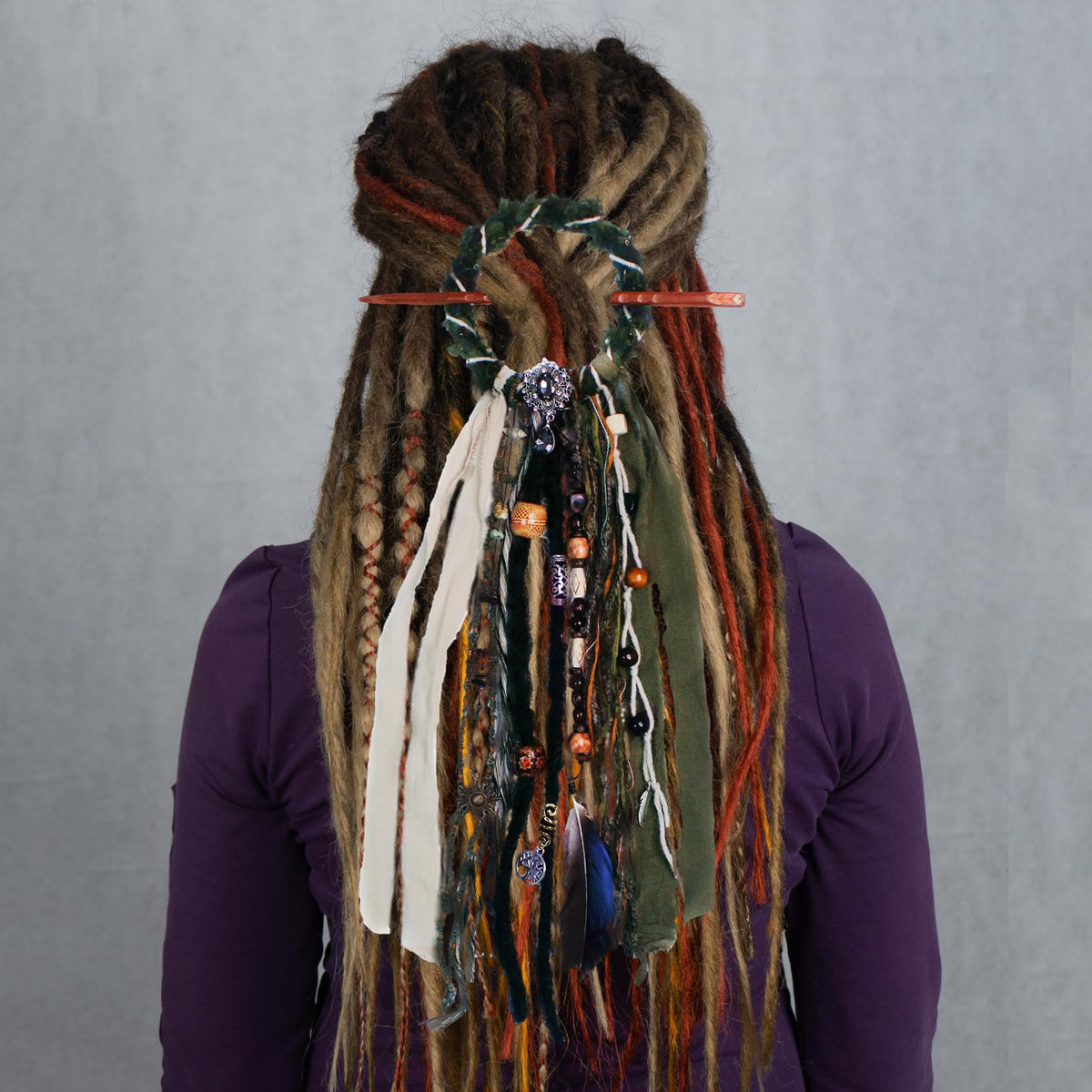 Back view of dreadlock hair tie displaying its unique design