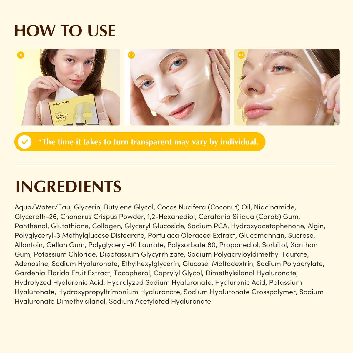 Back view of EQQUALBERRY Collagen Glow Up Mask packaging