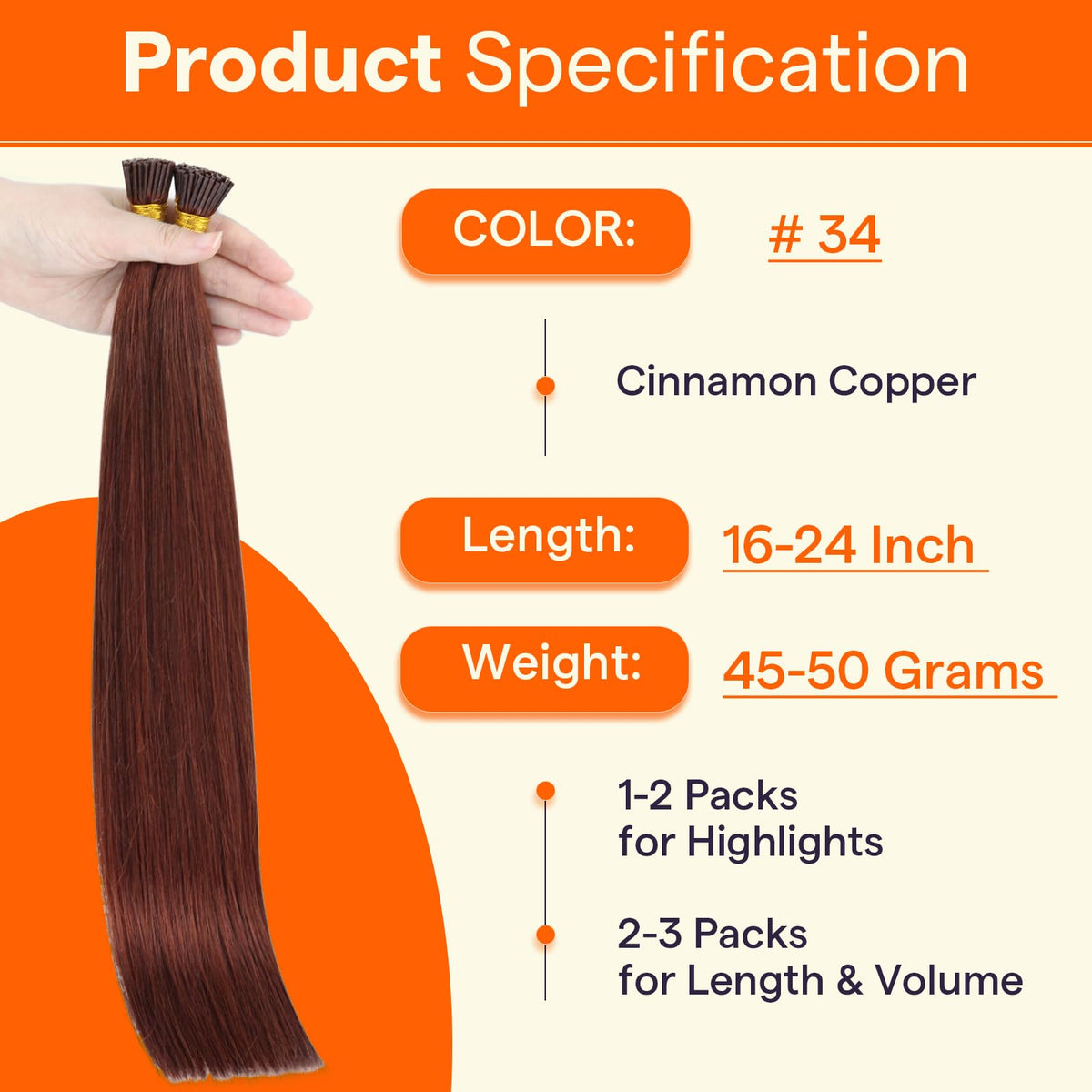 Back view of Full Shine I Tip Human Hair Extensions Auburn Brown
