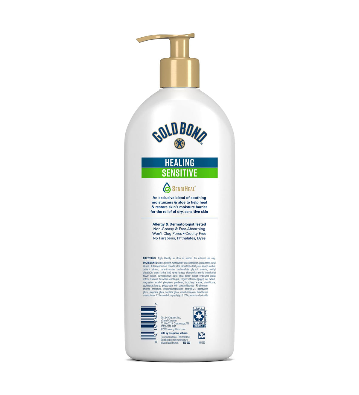 Back view of Gold Bond Healing Sensitive Daily Body & Face Lotion 21 oz bottle