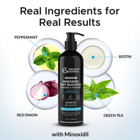 Back view of Growth Essence Minoxidil & Biotin Shampoo packaging