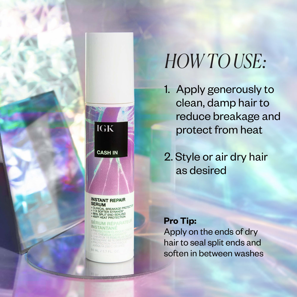 Back view of IGK Cash In Instant Repair Hair Serum packaging