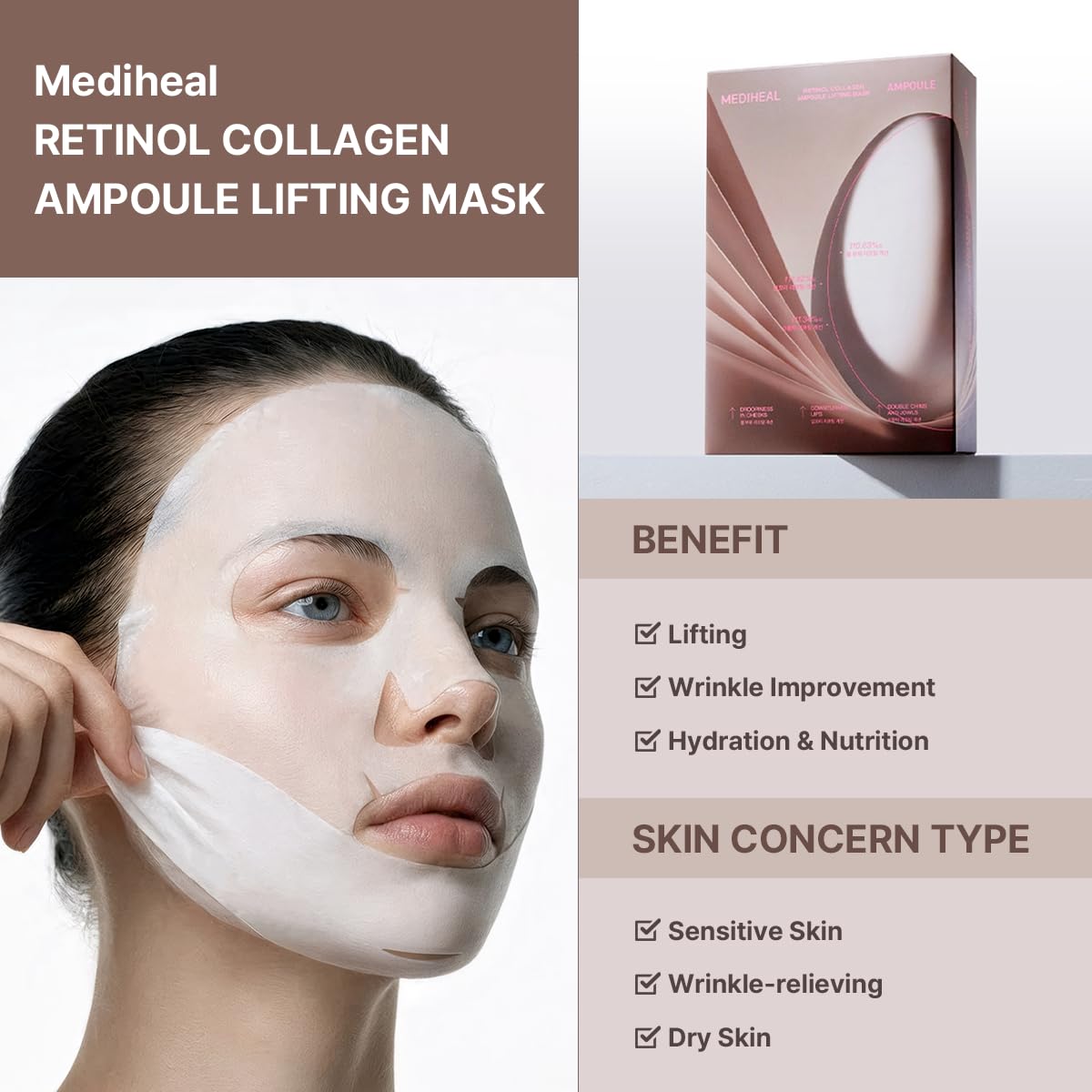 Back view of MEDIHEAL Retinol Collagen Lifting Mask packaging