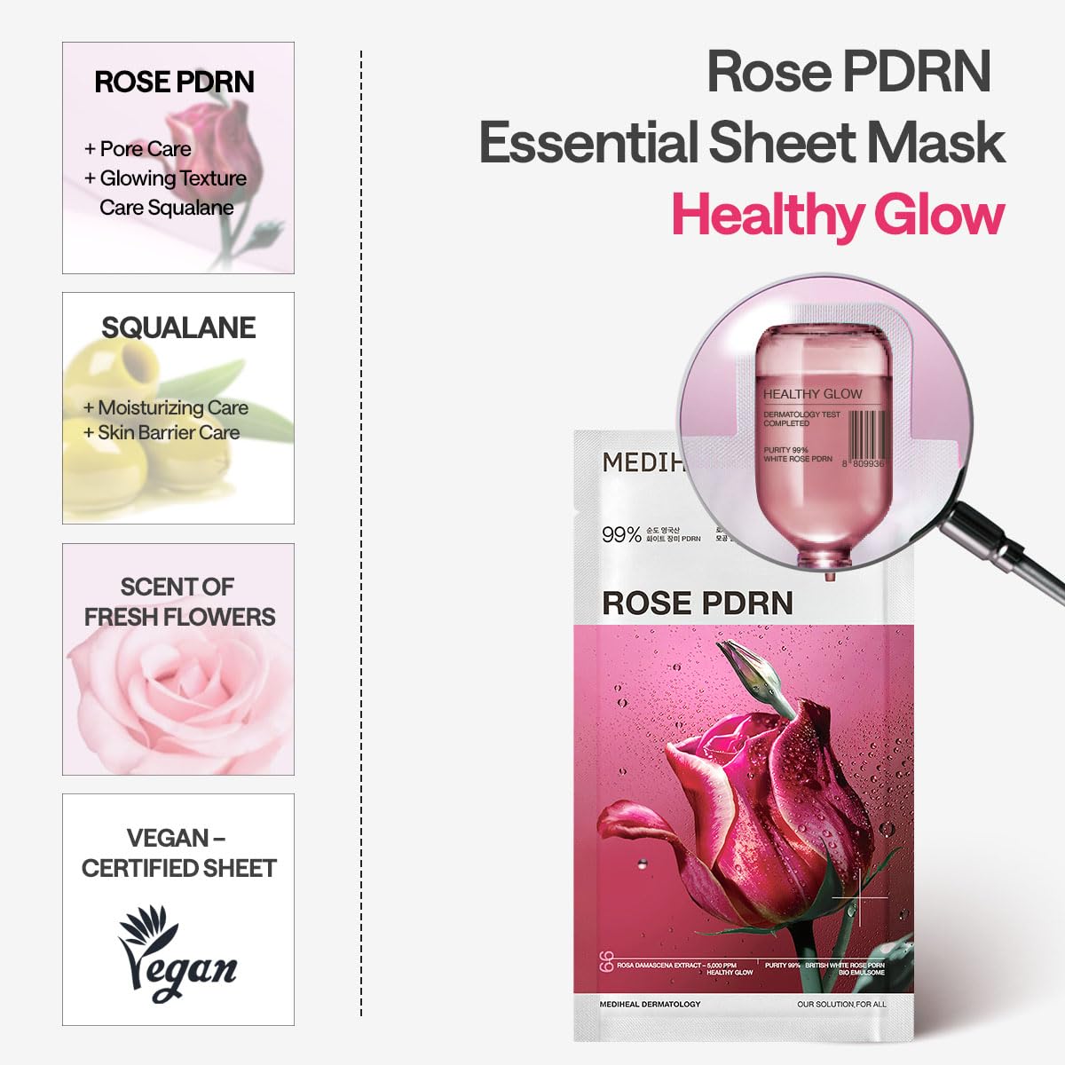 Back view of MEDIHEAL Rose PDRN Essential Face Sheet Mask packaging