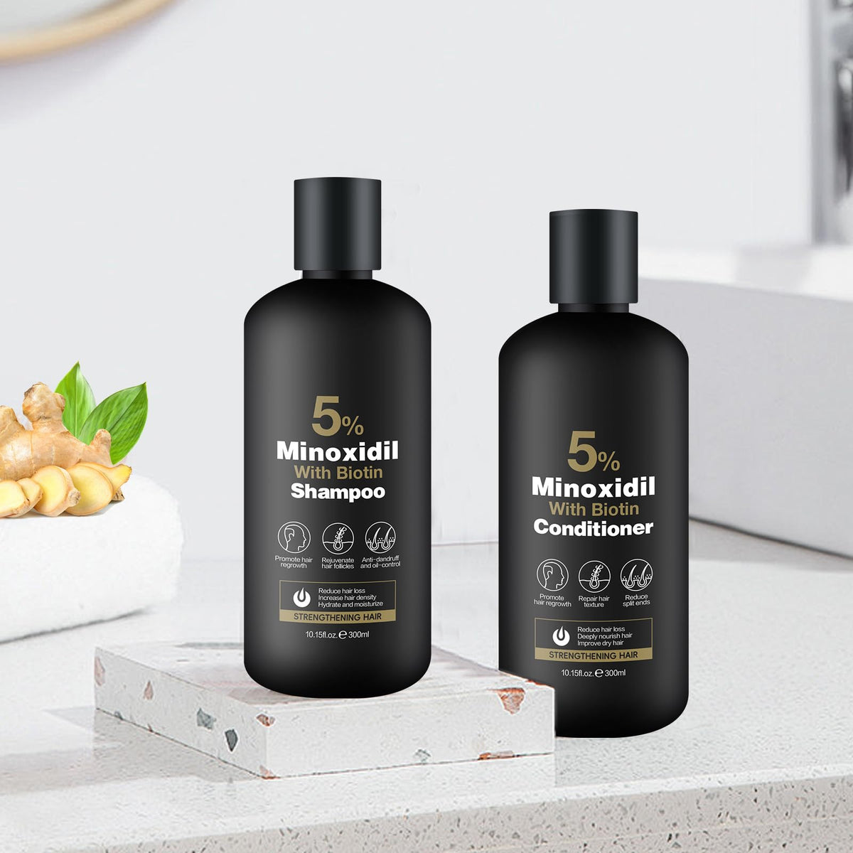 Back view of Minoxidil Shampoo & Conditioner Set bottles