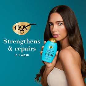 Back view of OGX Renewing + Argan Oil of Morocco Shampoo bottle