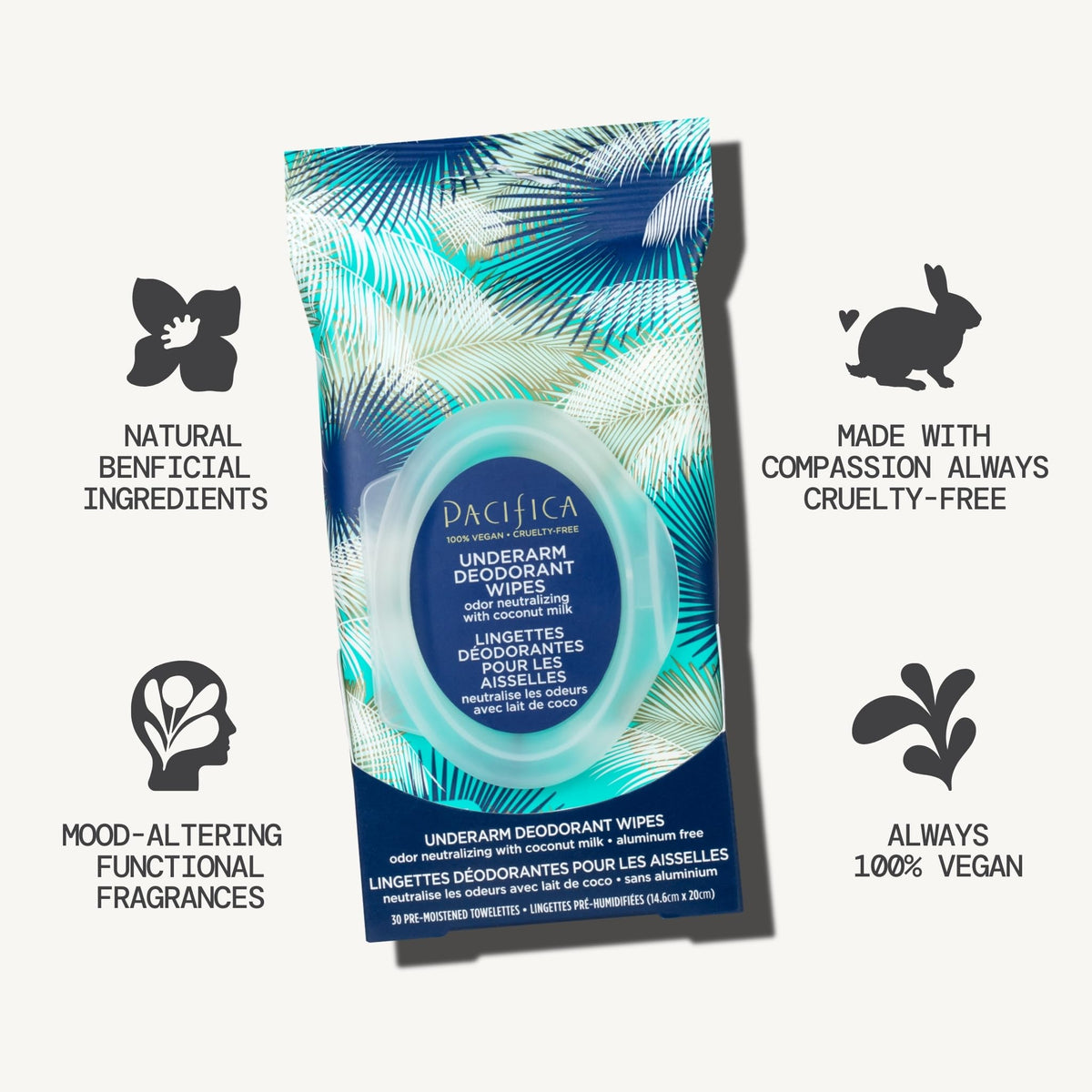 Back view of Pacifica Coconut Milk Deodorant Wipes packaging