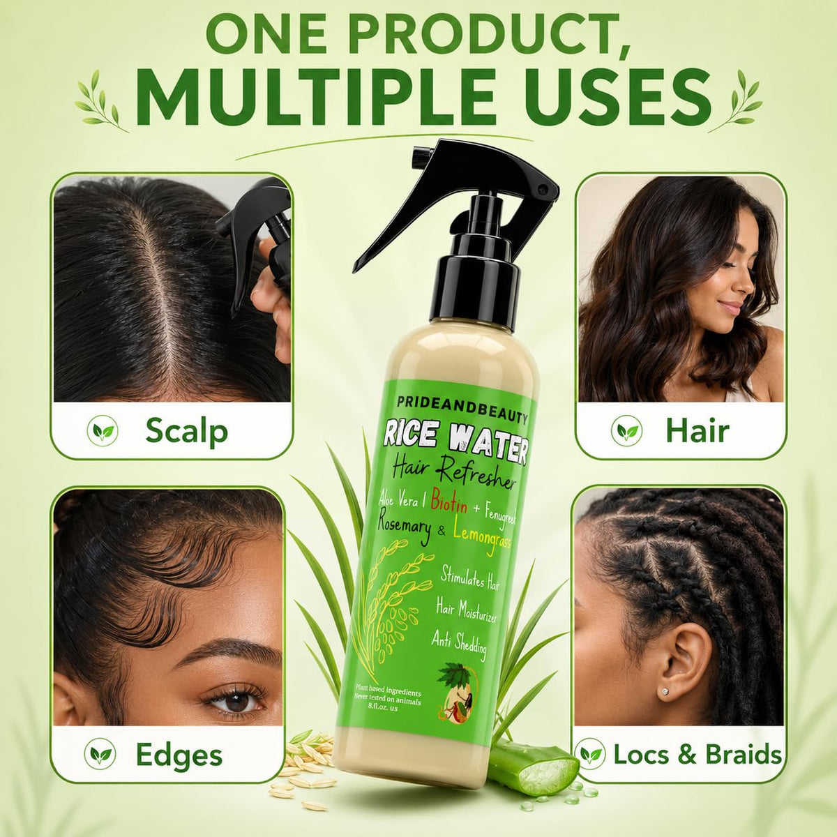 Back view of PRIDE AND BEAUTY Rice Water Hair Spray