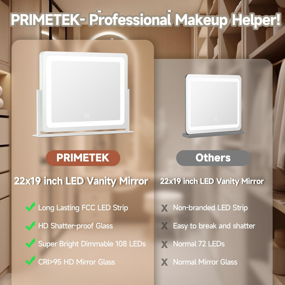 Back view of PRIMETEK Vanity Mirror showcasing its sleek design