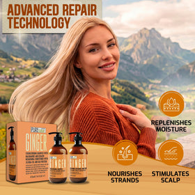 Back view of PURE NATURE LUX SPA Ginger Shampoo and Conditioner bottles