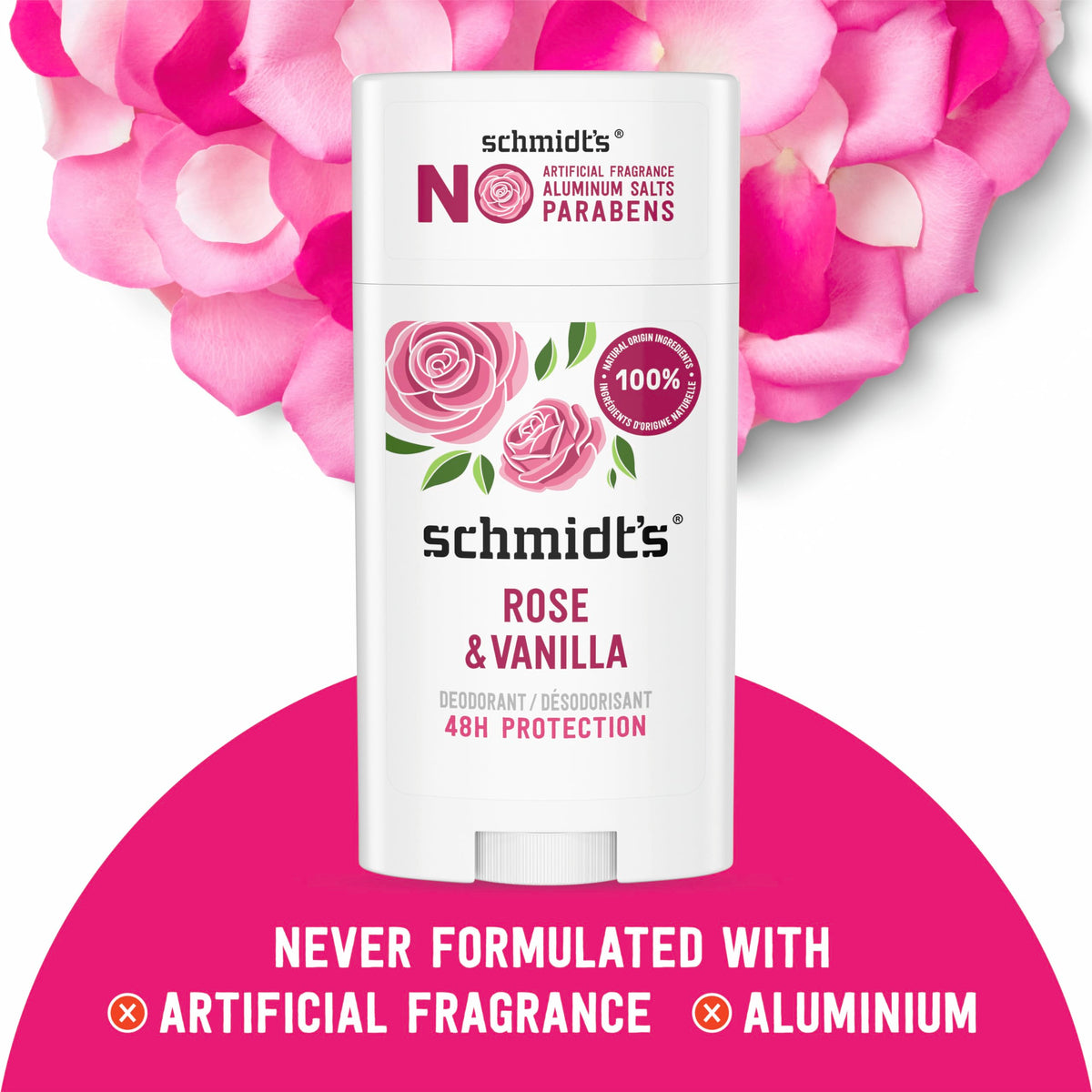 Back view of Schmidt's Rose & Vanilla Vegan Deodorant packaging