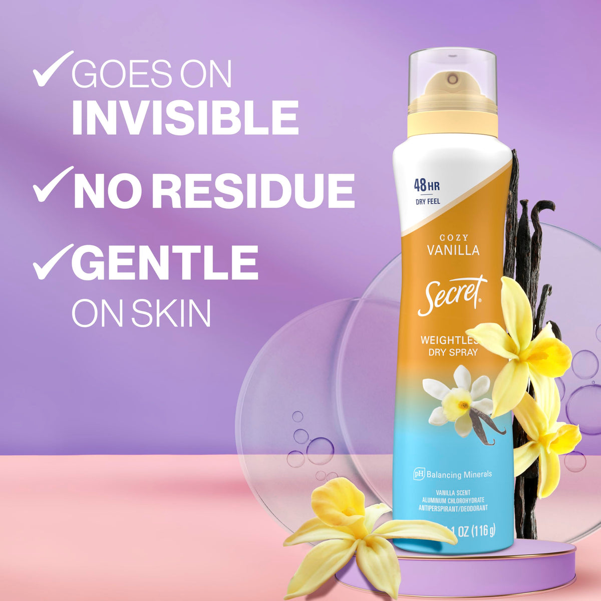 Back view of Secret Dry Spray Antiperspirant Deodorant packaging
