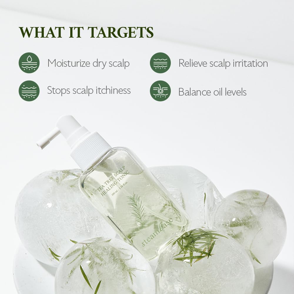 Back view of STEAMBASE Tea Tree Scalp Healing Tonic packaging