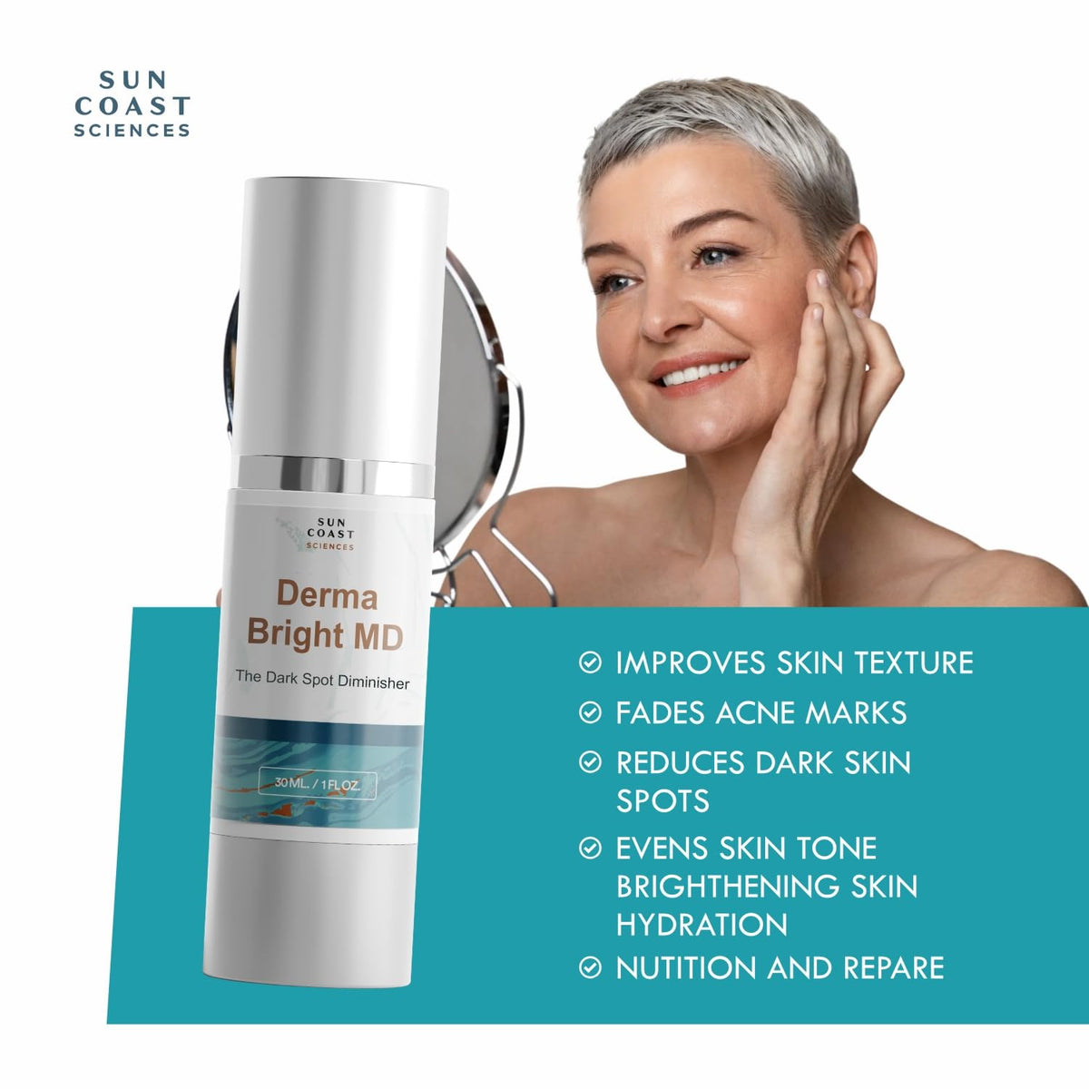 Back view of SUN COAST SCIENCES Derma Bright MD serum packaging