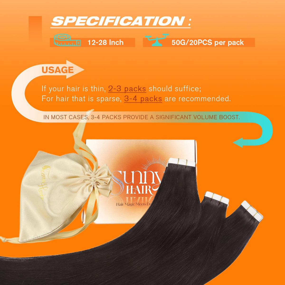 Back view of Sunny Hair Tape in Extensions 18 Inch Cool Brown