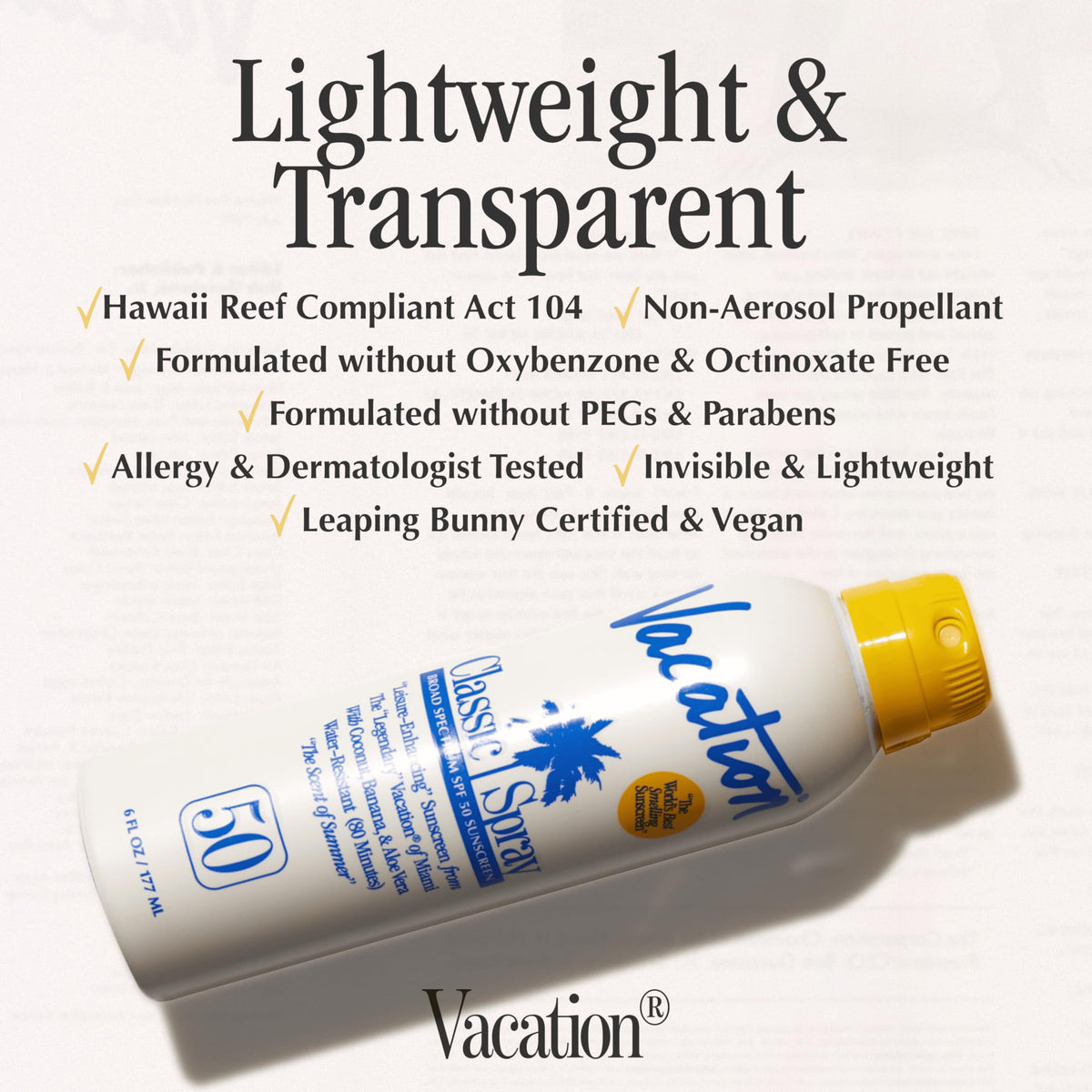 Back view of VACATION Classic SPF 50 Sunscreen Spray bottle