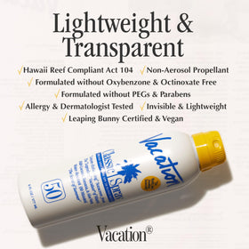 Back view of VACATION Classic SPF 50 Sunscreen Spray bottle