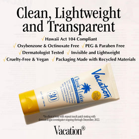 Back view of VACATION Classic Sunscreen Lotion showing ingredient list