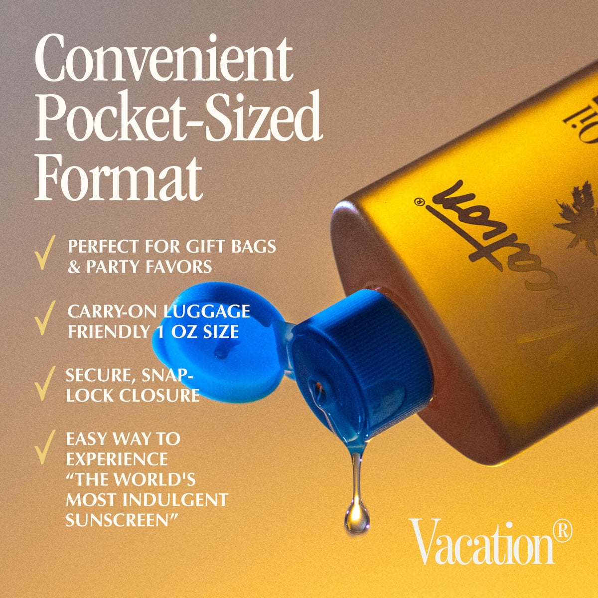 Back view of VACATION Mini Chardonnay Oil SPF 30 Sunscreen bottle