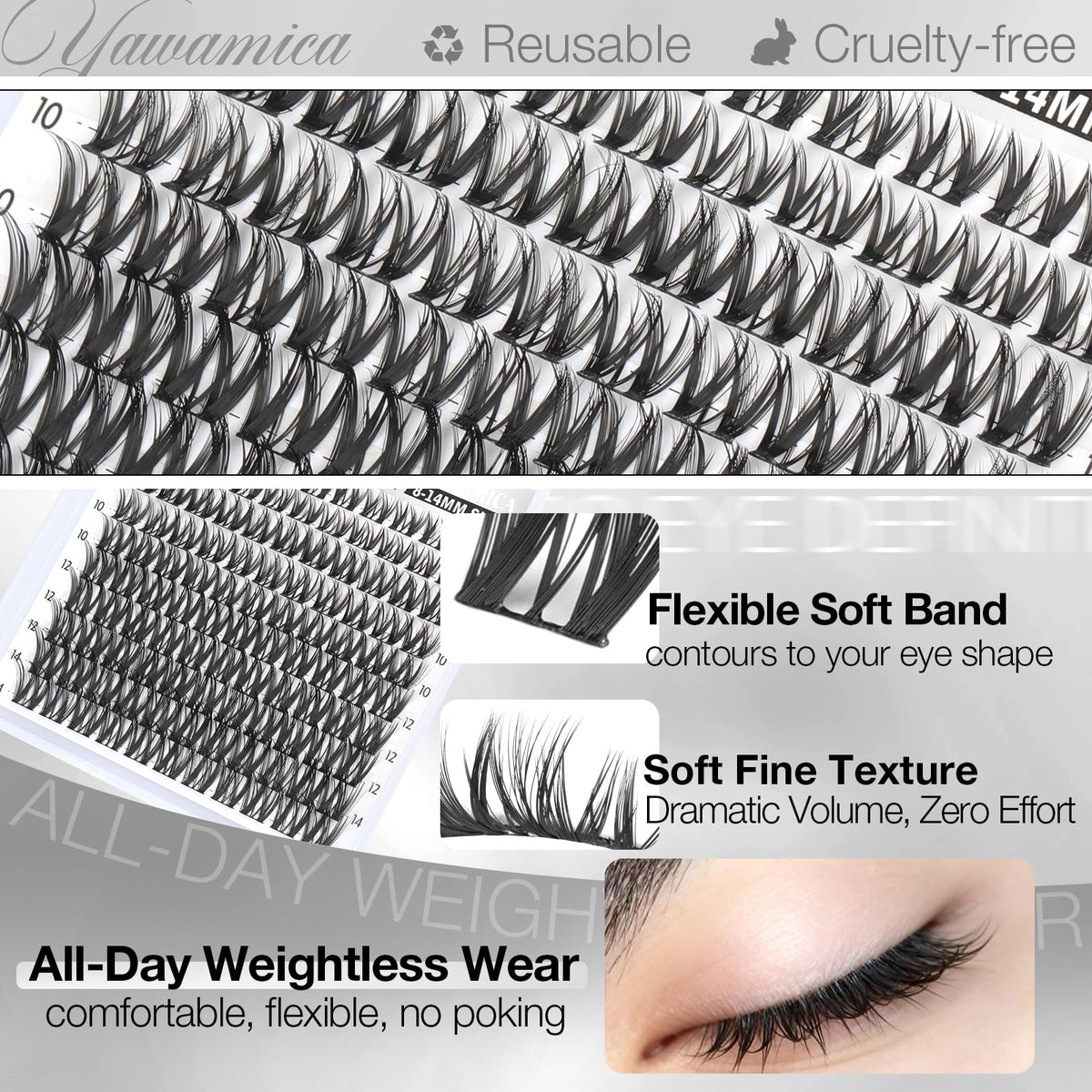 Back view of Yawamica lash clusters packaging