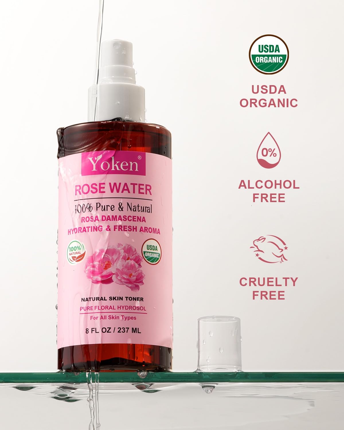Back view of Yoken Organic Rose Water Spray 8oz bottle
