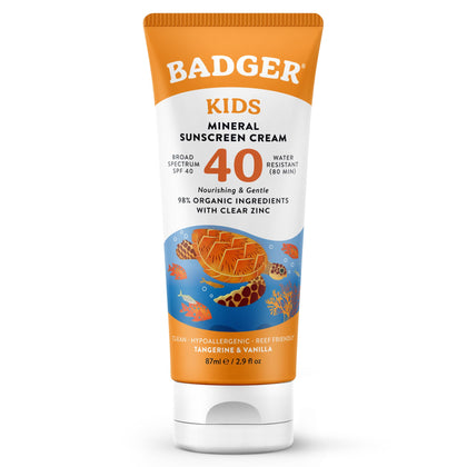 Badger Kids Mineral Sunscreen Cream SPF 40 front view with packaging