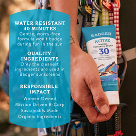 Badger Mineral Sunscreen Cream SPF 30 with sun protection icons