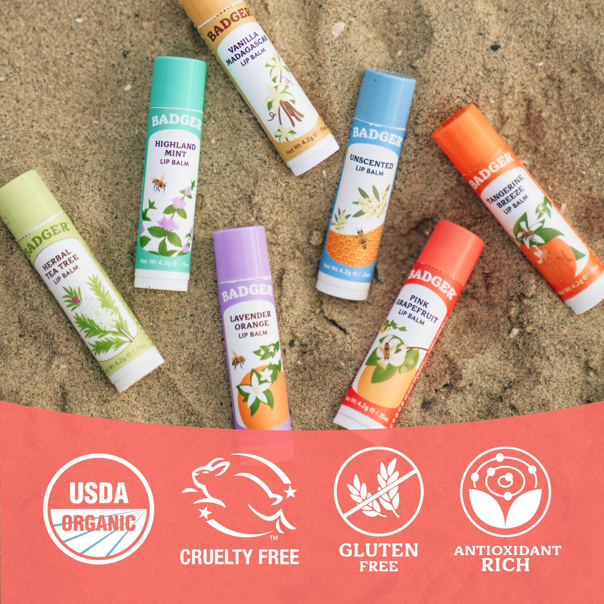 Badger Pink Grapefruit Lip Balm displayed on a wooden surface