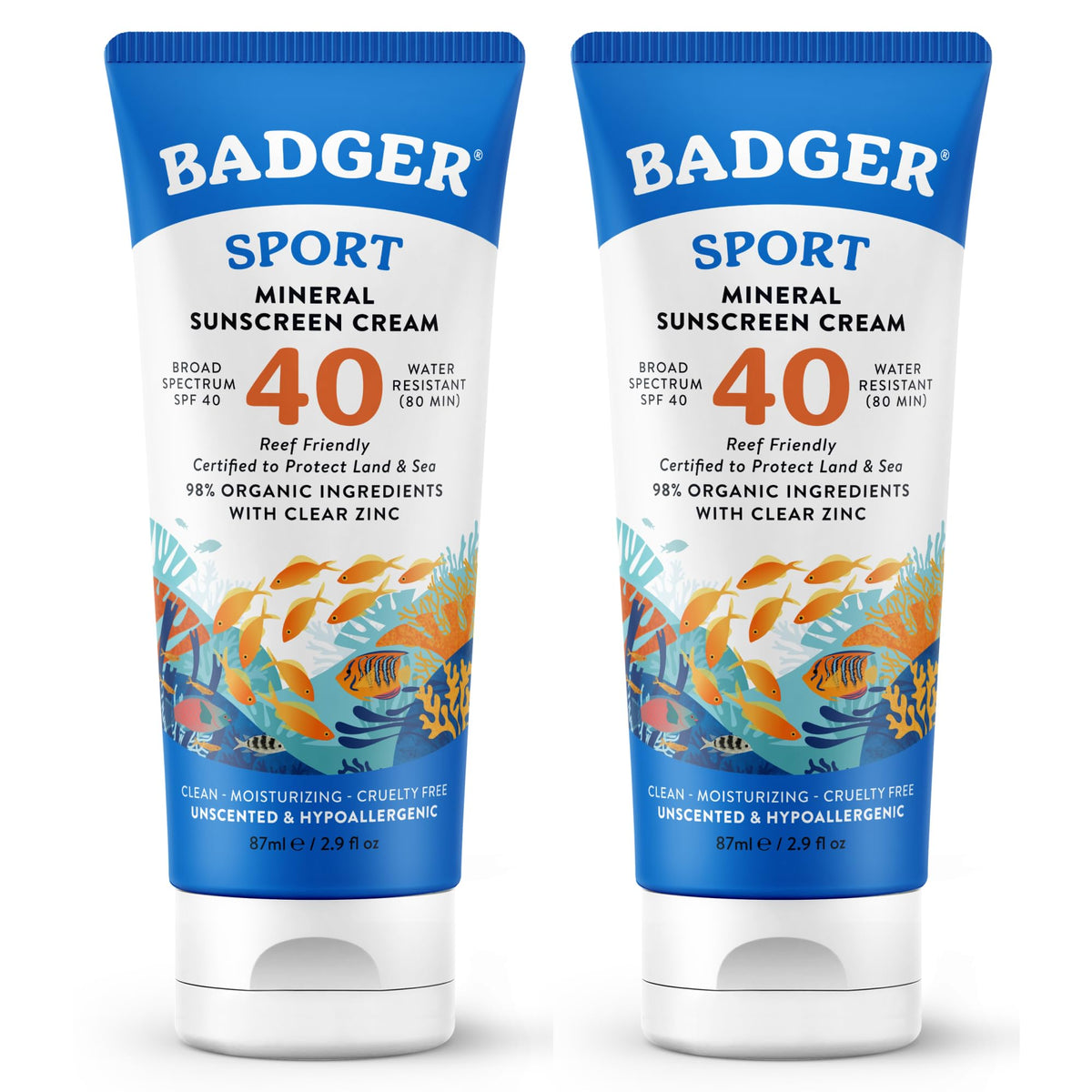 Badger Sport Mineral Sunscreen SPF 40 front view, 2-pack