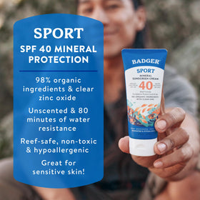 Badger Sport Mineral Sunscreen SPF 40 side view, showing clear application