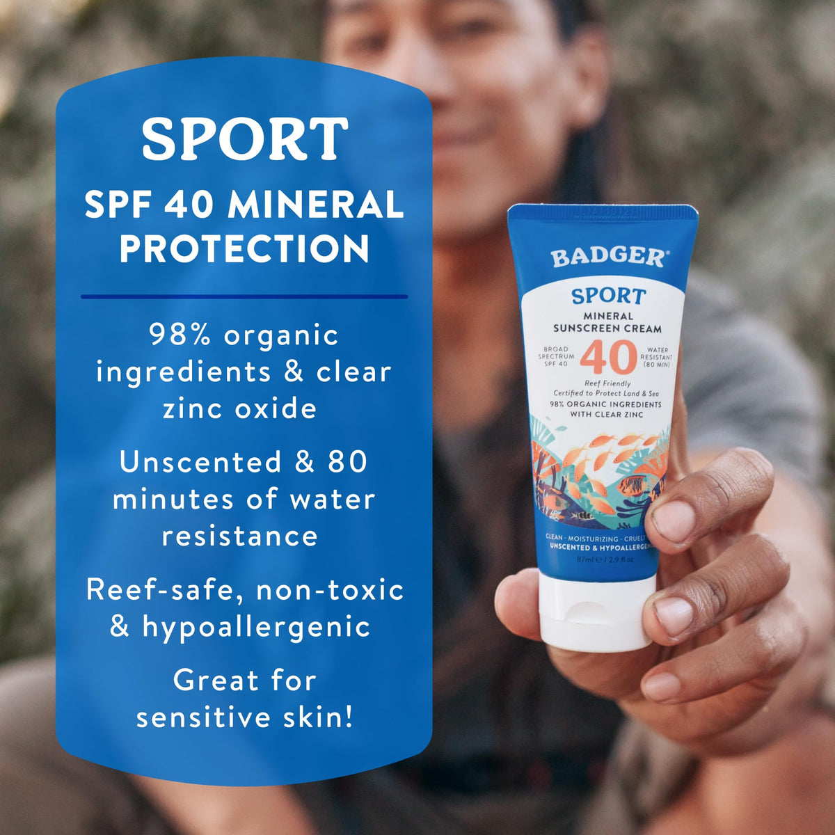 Badger Sport Mineral Sunscreen SPF 40 side view with packaging