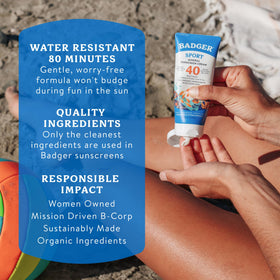 Badger Sport Mineral Sunscreen SPF 40 with beach background