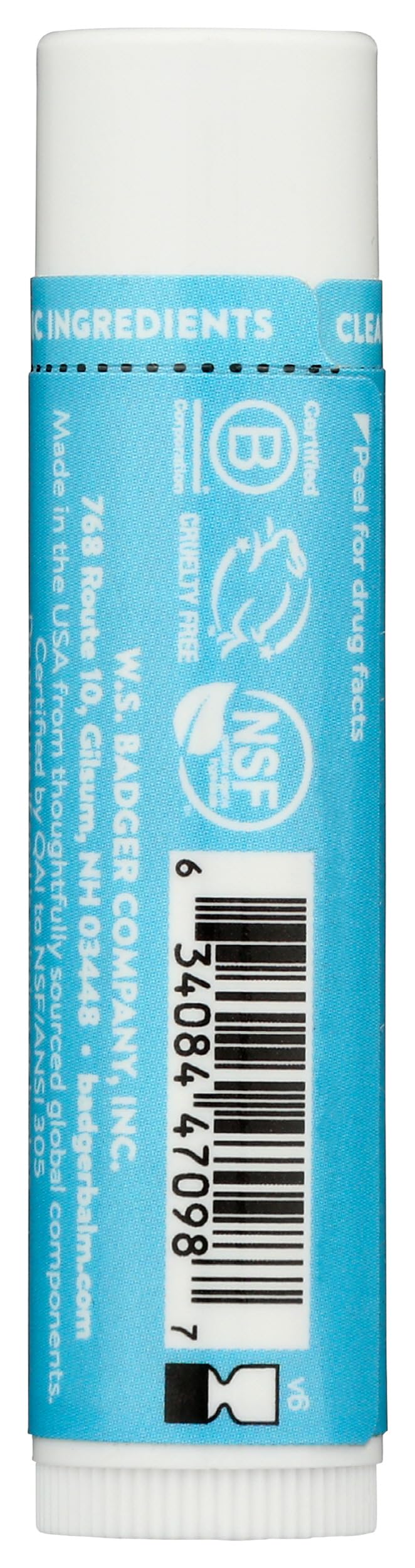 Badger Sunscreen Lip Balm SPF 15 side view showing ingredients