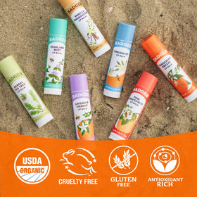 Badger Tangerine Breeze Lip Balm displayed with other Badger products