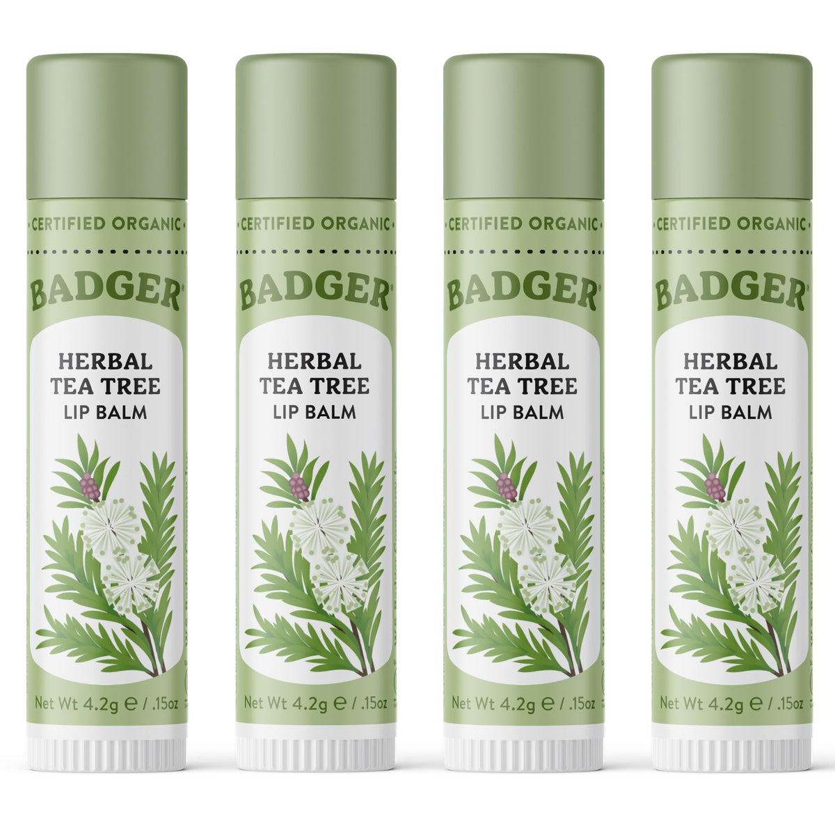 Badger Tea Tree Lip Balm 4 pack front view