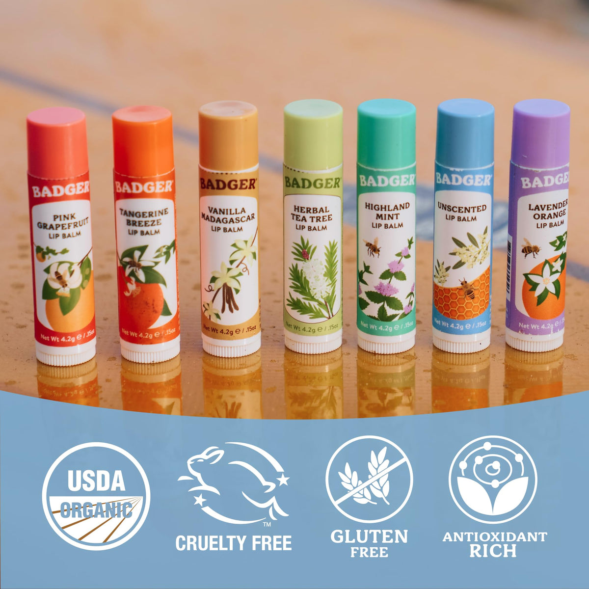Badger Unscented Classic Lip Balm on a wooden surface