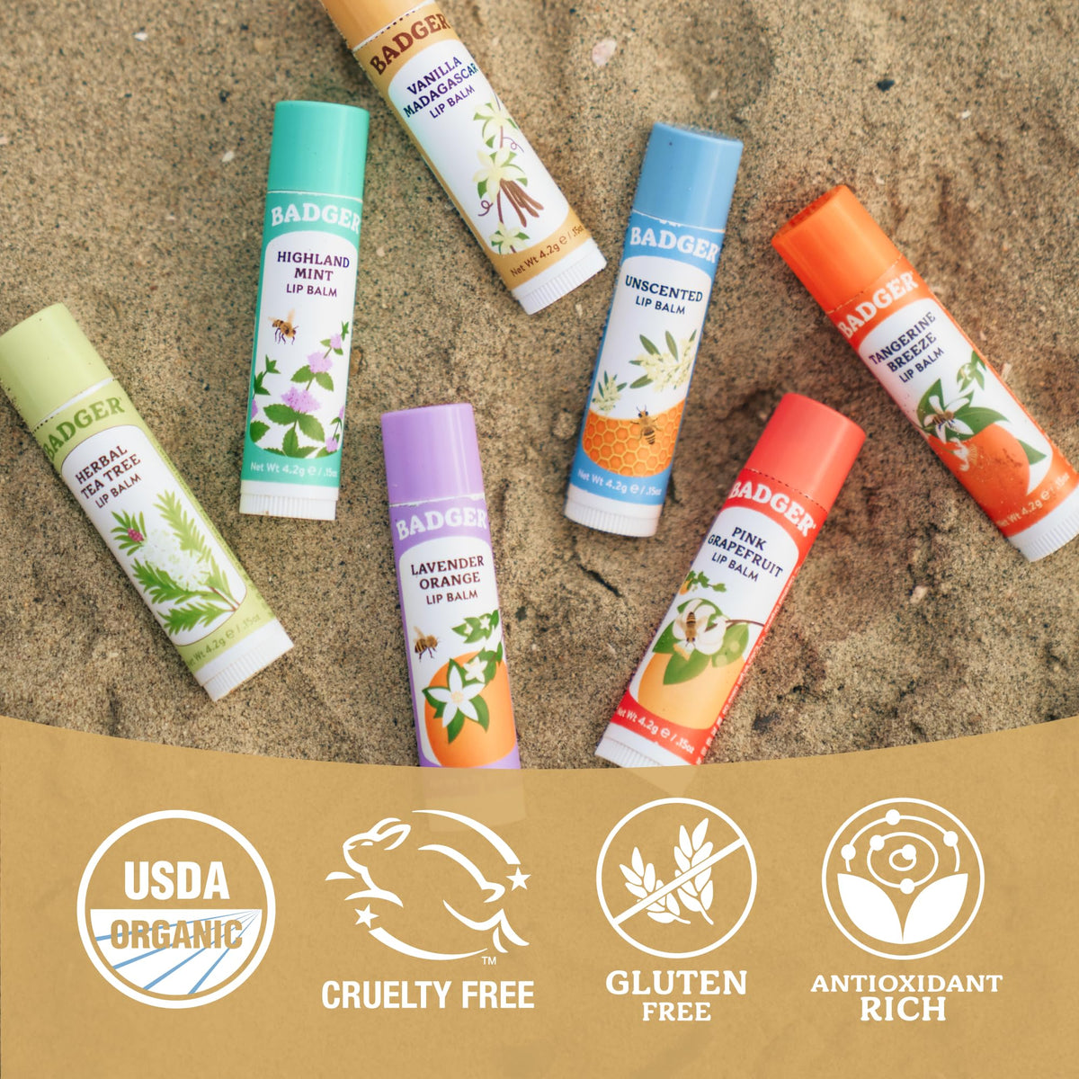 Badger Vanilla Madagascar Lip Balm in hand outdoors