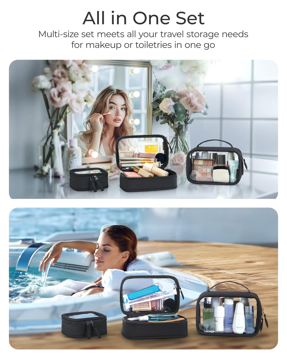 BAGSMART Clear Makeup Bag packed with toiletries
