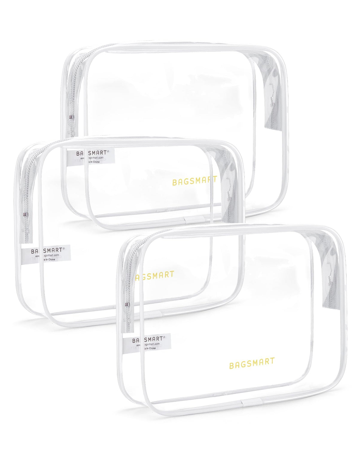 BAGSMART Clear Toiletry Bag 3-Pack front view with three bags
