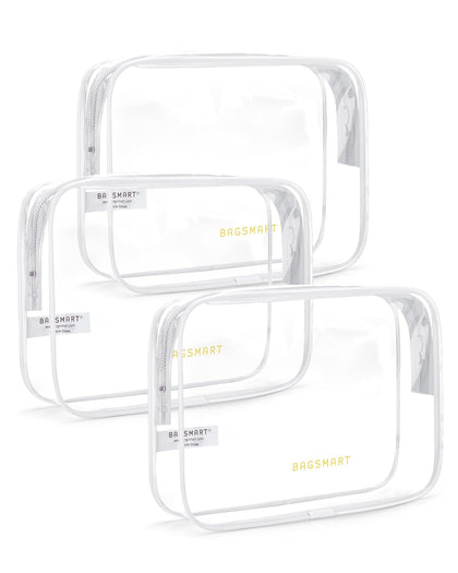 BAGSMART Clear Toiletry Bag 3-Pack front view with three bags