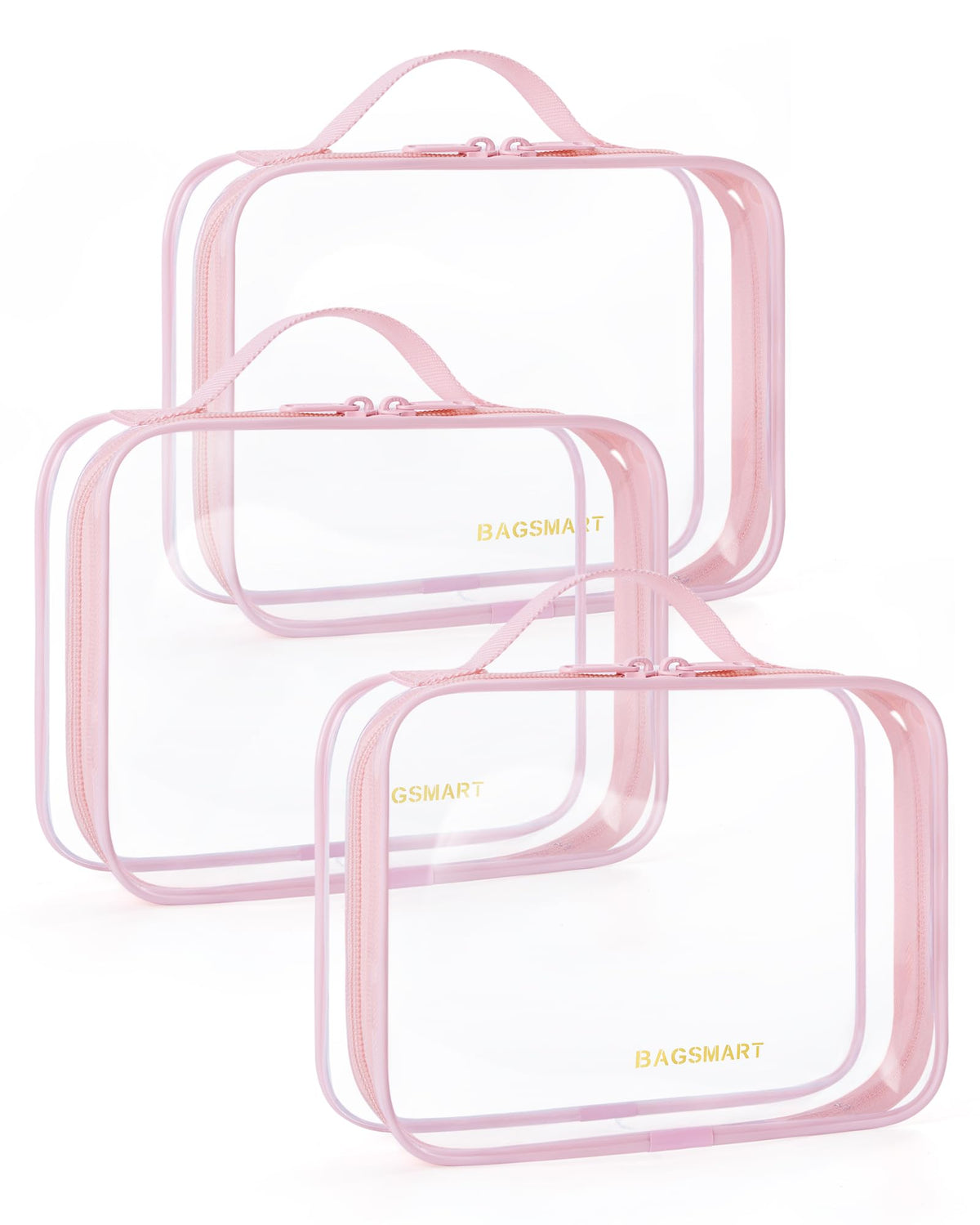 BAGSMART Clear Toiletry Bag 3-Pack in Pink front view