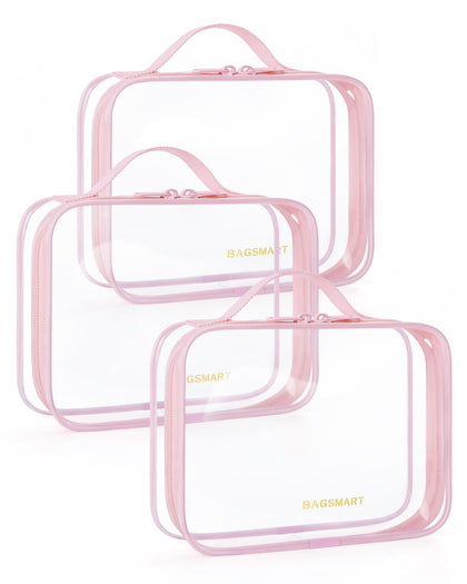 BAGSMART Clear Toiletry Bag 3-Pack in Pink front view