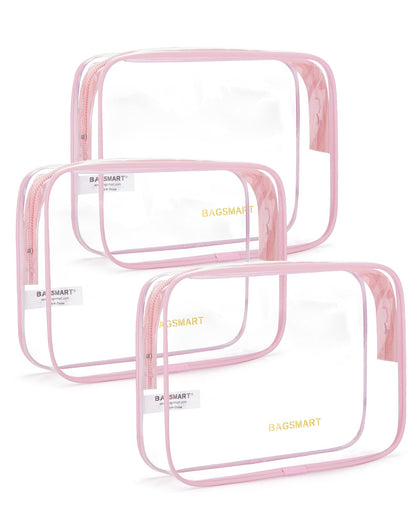BAGSMART clear toiletry bag set front view, pink colour