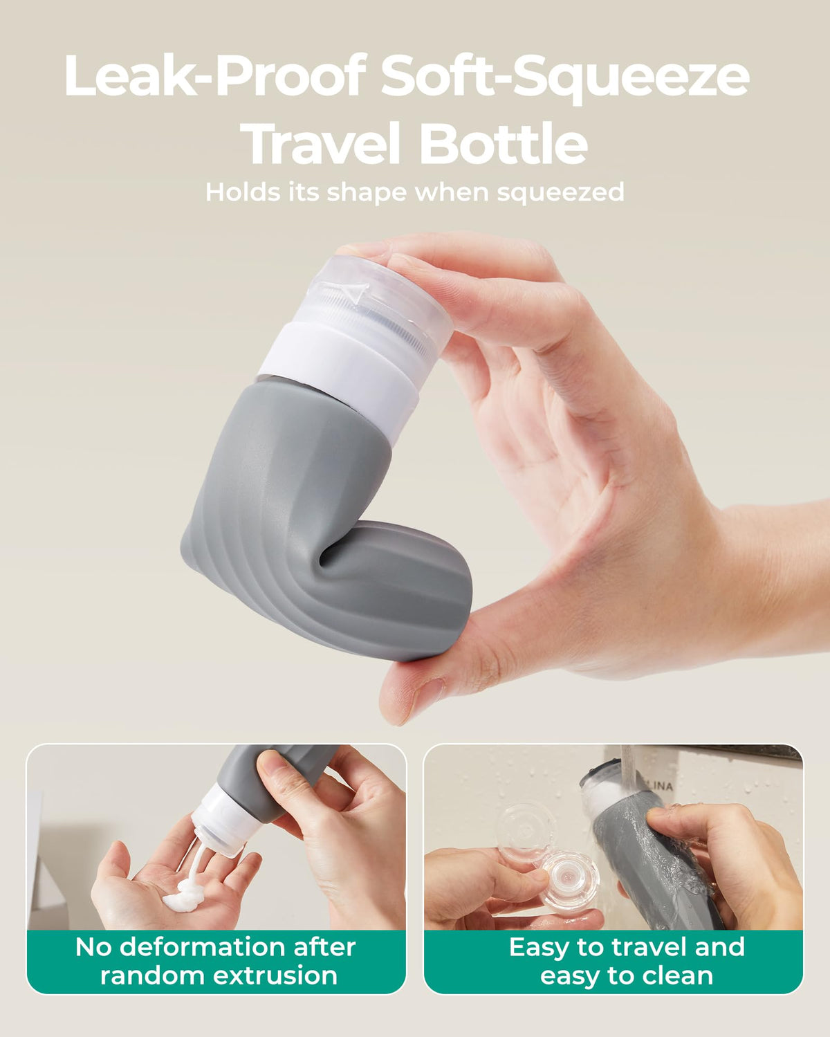 BAGSMART grey travel bottles with funnel and spoons