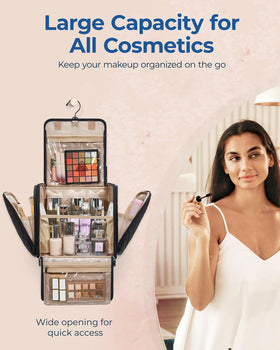 BAGSMART Hanging Travel Toiletry Bag opened with cosmetics inside