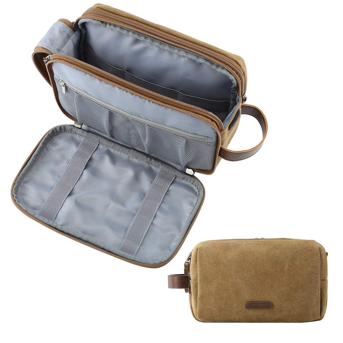 BAGSMART Large Canvas Toiletry Bag front view in khaki