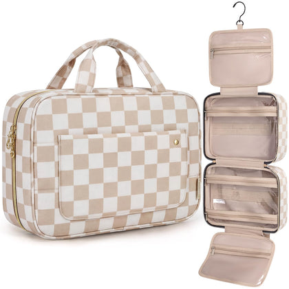 BAGSMART Large Toiletry Bag Khaki Checkerboard front view