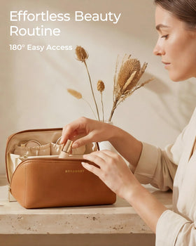 BAGSMART Makeup Bag Cream Beige flat lay opening