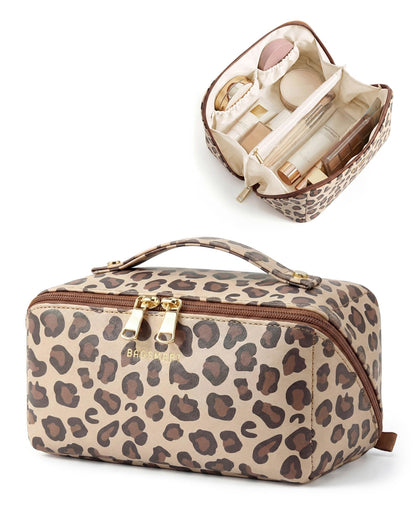 BAGSMART Makeup Bag front view in brown leopard design